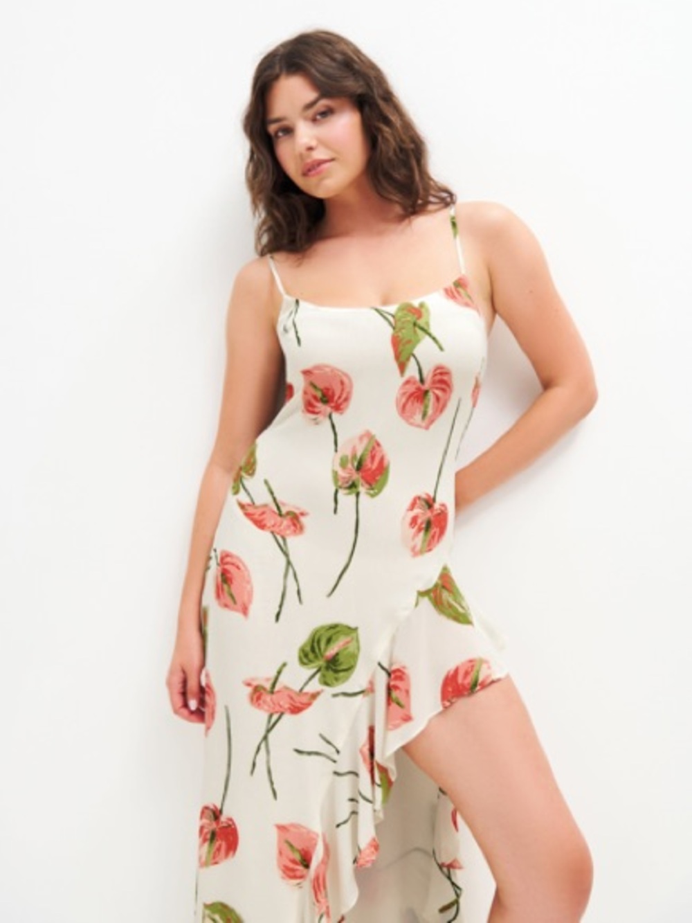 Reformation Cream Maxi Slip Dress with Pink & Green Floral